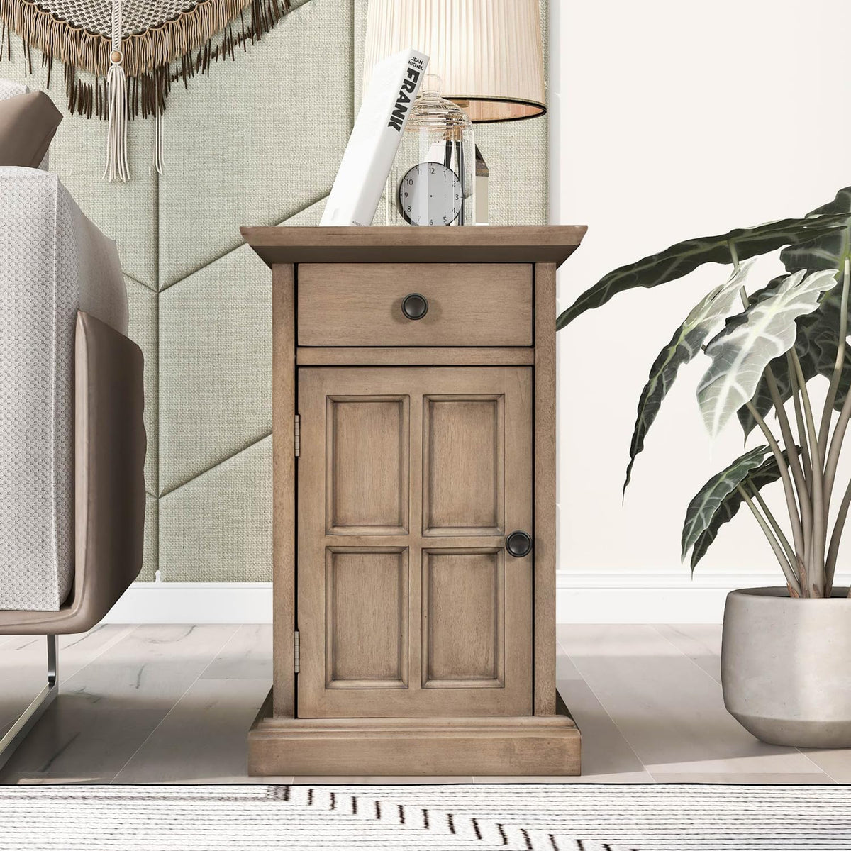 Traditional Wood Narrow End Table with Charging Station, Modern Vintage Sofa Side Table Storage & Multifunctional Drawer, Antique Brown Set of 2 for Living Room, Bedroom, Office, No Assembly