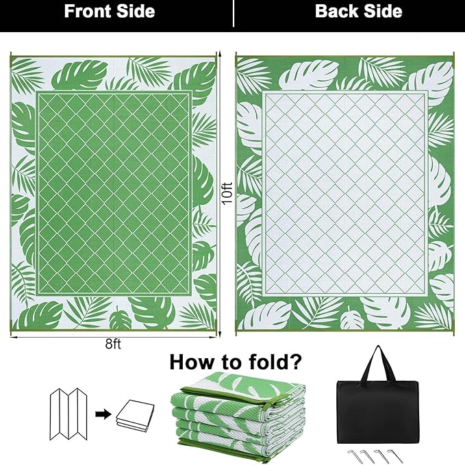 Ileading Outdoor Rug Carpet for Patio 8'x10' Waterproof Reversible Plastic Straw Rug Portable Outside Area Rug Camping Mat for Patio, Clearance, Balcony, Picnic, Pool, Beach, RV, Deck, Green