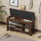 Shoe Bench for Entryway, Solid Rubberwood Shoe Bench with Hidden Storage, Adjustable 2-Tier Shelves & Soft PU Leather Seat, Shoe Rack Durable Easy Assembly for Hallway or Bedroom - Brown, 39.4"