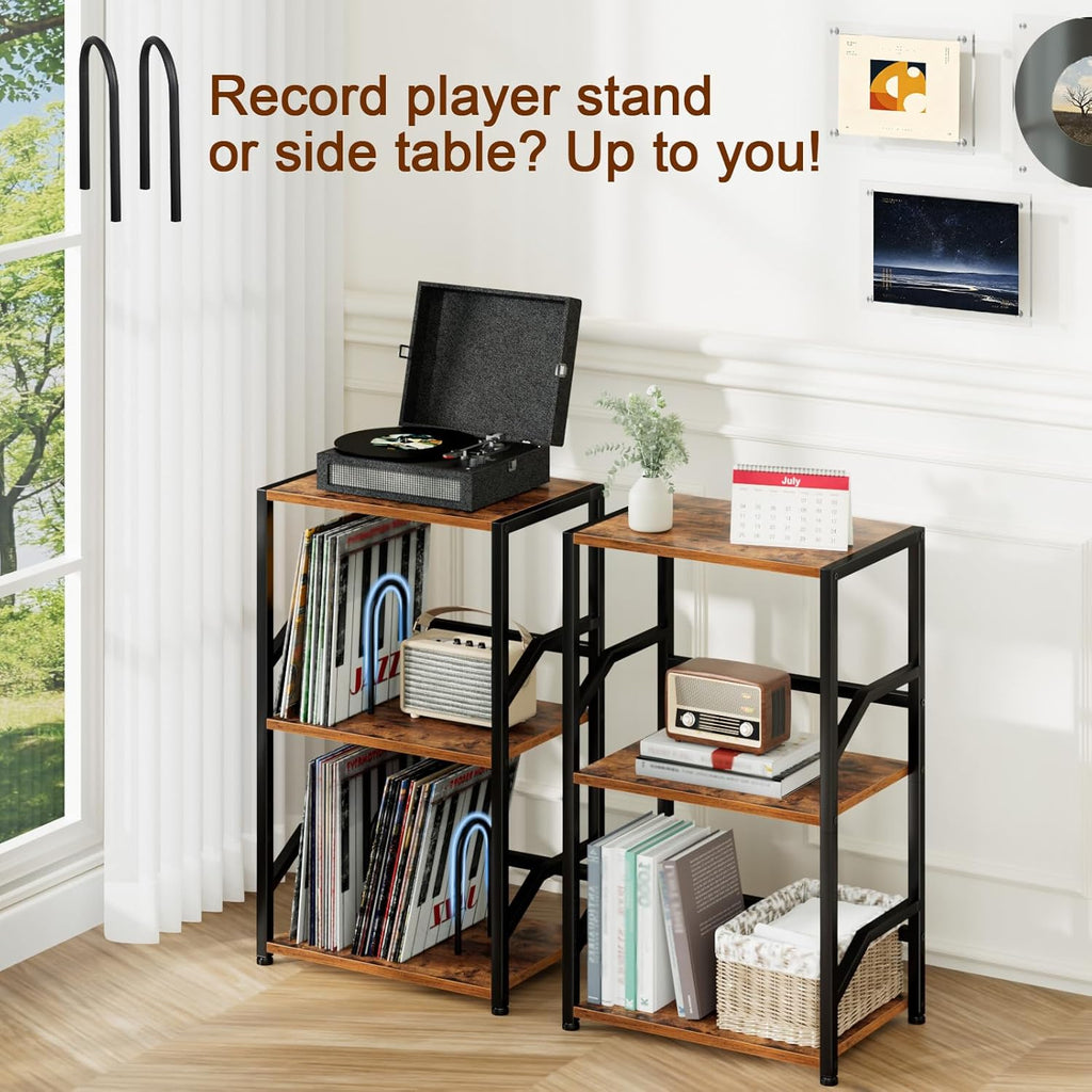 LOAKEKEL Record Player Stand, Vinyl Record Storage Up to 200 Albums, 3 Tier End Table with Removable Dividers, Tall Side Table for Living Room, Bedroom, Rustic Brown, HETCD010BR-1