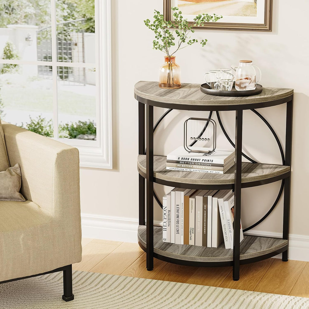 LITTLE TREE Half Moon End Table, Half Round Side Table for Living Room, 3-Tier Half Circle Night Stand for Bedroom, Grey Small Wood Accent Table for Couch, Sofa, Bed