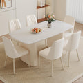 White Dining Table Set for 6, 67'' Marble Dining Table Set with 3.5'' Thick Cream White Oval Tabletop and Solid Column Base, Modern Kitchen Table Set with 6 Metal Legs Chairs