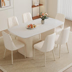 White Dining Table Set for 6, 67'' Marble Dining Table Set with 3.5'' Thick Cream White Oval Tabletop and Solid Column Base, Modern Kitchen Table Set with 6 Metal Legs Chairs