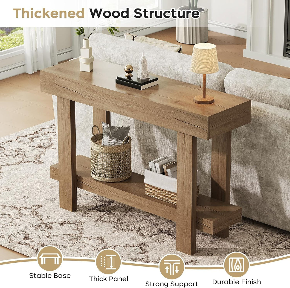 Console Table for Entryway, 47.2" Narrow Farmhouse Sofa Table with Thick Tabletop & Storage Shelf, 2-Tier Modern Wooden Entryway Industrial Table for Hallway, Living Room, Foyer, Behind Couch, Natural