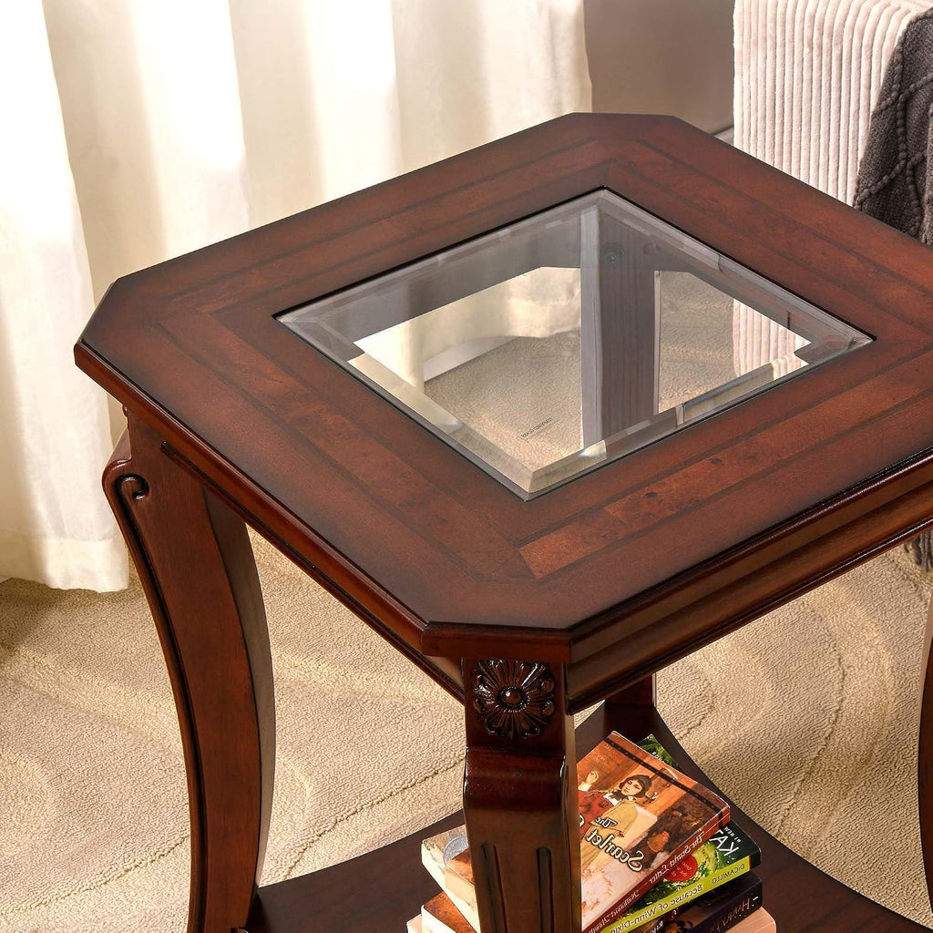 PADMA HOUSE Traditional Wood End Table with Glasstop and Curved Legs, Square Solid Wood Sofa Side Table with Storage Shelf, 2-Tier Glass Bedside Tables in Cherry for Living Room,19.7 * 19.7 * 23.8in