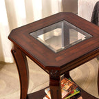 PADMA HOUSE Traditional Wood End Table with Glasstop and Curved Legs, Square Solid Wood Sofa Side Table with Storage Shelf, 2-Tier Glass Bedside Tables in Cherry for Living Room,19.7 * 19.7 * 23.8in