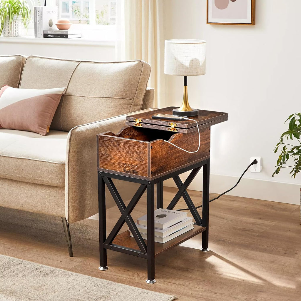 TooCust End Tables Living Room Set of 2, Side Table with Charging Station Flip Top, 11"D x 24"W x 23"H, Narrow Side Table with 5.3" Deep Drawer, Couch End Tables Set of 2, Steel X-Frame, Rustic Brown