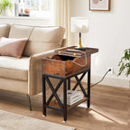 TooCust End Tables Living Room Set of 2, Side Table with Charging Station Flip Top, 11"D x 24"W x 23"H, Narrow Side Table with 5.3" Deep Drawer, Couch End Tables Set of 2, Steel X-Frame, Rustic Brown