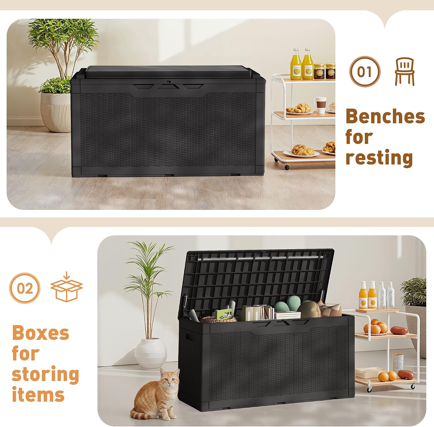 Greesum 100 Gallon Resin Deck Box Large Outdoor Storage Boxes with Cushions for Garden Tools, Patio Furniture Pillows, Pool Supplies, Black