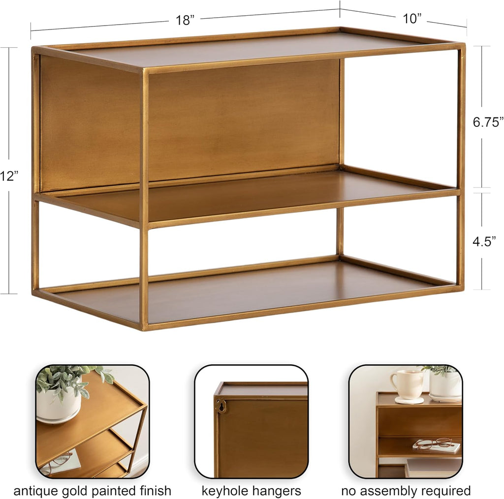 Kate and Laurel Nomi Modern Metal Floating Side Table with Storage, 18 x 10 x 12, Gold, Contemporary Tiered Floating End Table for Use as Wall Shelf for Small Spaces