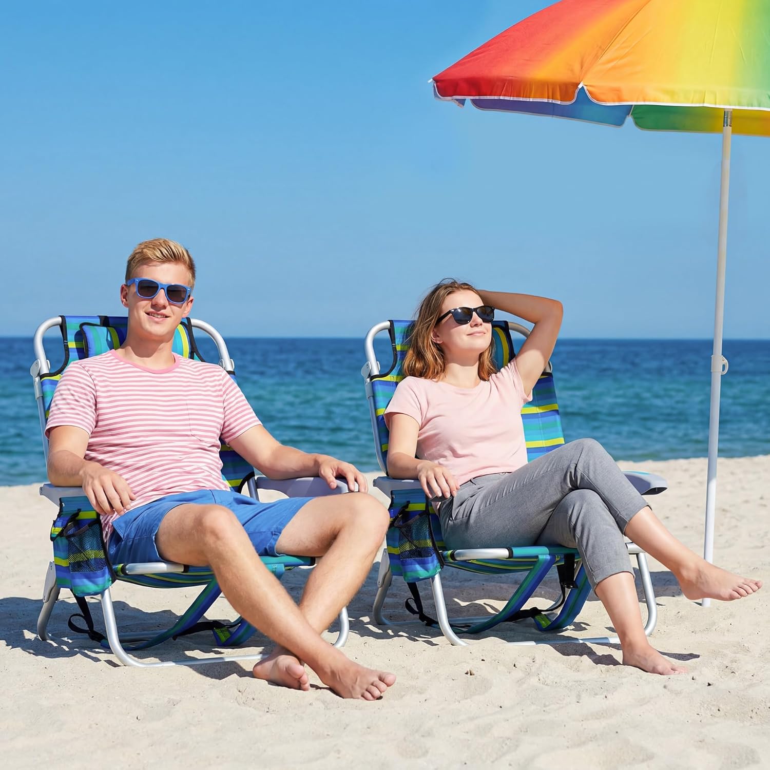Portable Beach Chair for Adults, Outdoor Lightweight Camping Chair Lay Flat Folding Backpack Beach Reclining Chair with 5 Positions, Headrest, Zipper Pouch, Cup Holder, NEW Striped