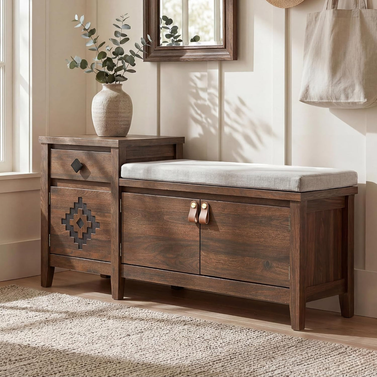 Entryway Bench with Storage, 3 in 1 Storage Bench with 1 Drawer and 2 Cubbies, 44" Rustic Wooden Seat with Cushion for Living Room, Bedroom, Entry Hall (Walnut)