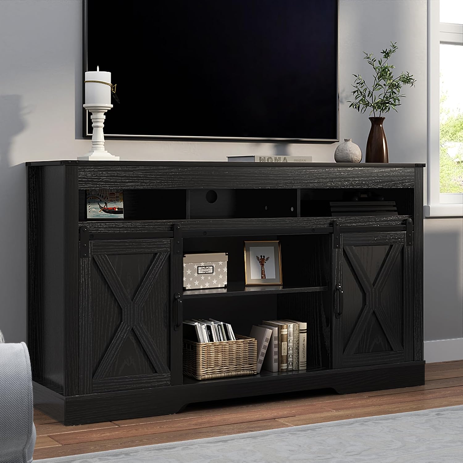 RoyalCraft Farmhouse TV Stand for 65+ Inch TV, Tall Entertainment Center | with Storage Cabinets and Sliding Barn Doors, Mid Century Modern Media TV Console Table for Living Room (Black)