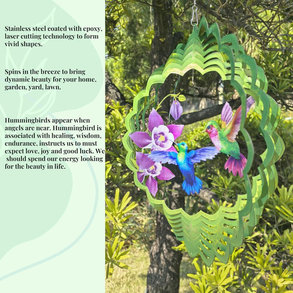 Hummingbird Wind Spinner Outdoor Mental Kinetic Wind Spinner for Garden Décor Hummingbird Gifts for Women/Men Hanging Lawn Ornaments Wind Sculpture with 3D Visual Effect (12''-1pc, Hummingbirds)