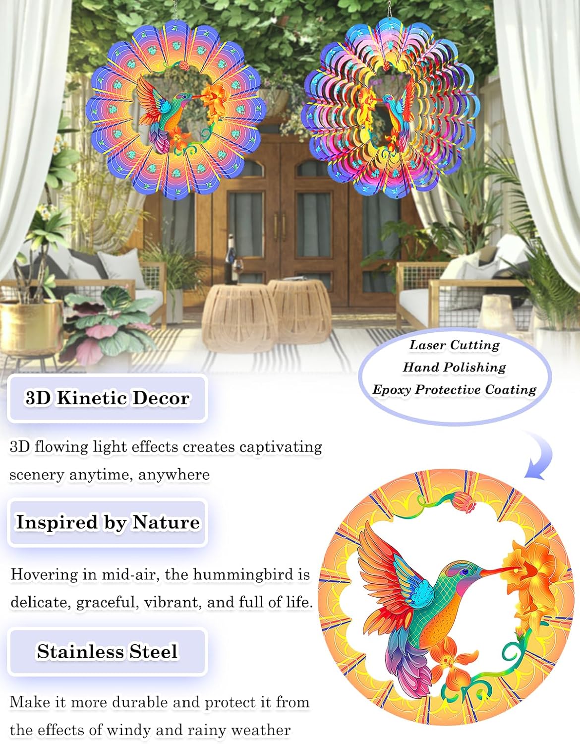 Hummingbird Wind Spinner-3D Metal Hanging Wind Spinners, Perfect Ornament Gifts for Women/Men, 12 Inch Spinfinity Wind Spinner for Outdoor & Indoor Decorations, Yard Art, Garden Decoration