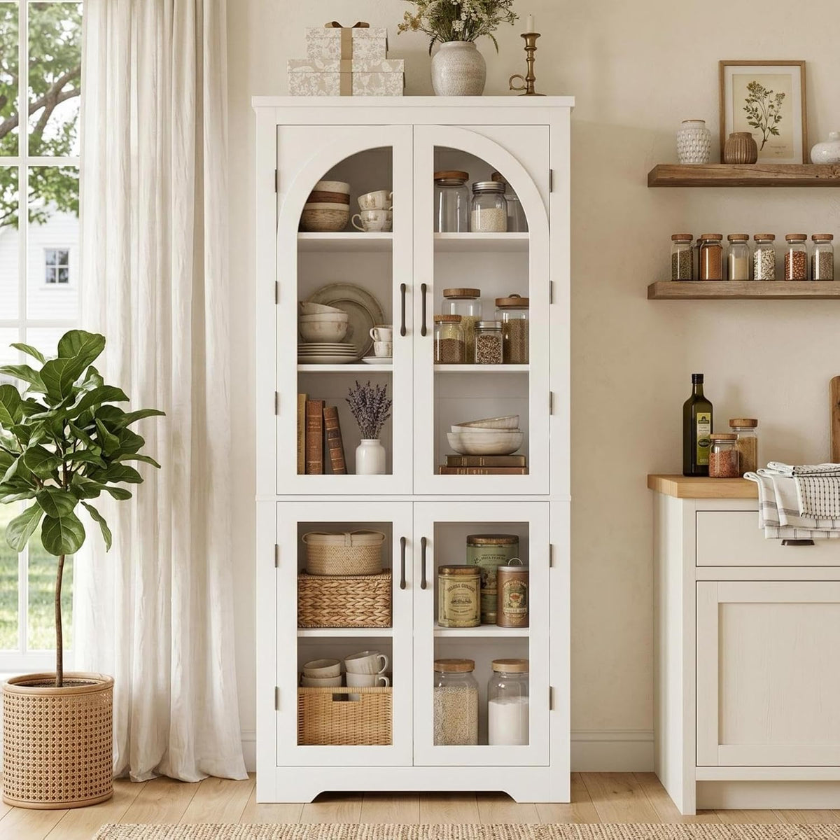 Garvee 70" Tall Kitchen Pantry Cabinet - Modern Display Cabinet with 4 Arched Glass Doors and Adjustable Shelves, Versatile Cupboard Organizers for Kitchen, Dining Room, Living Room, Bathroom, White