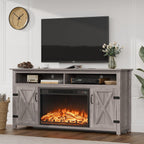 JUMMICO Fireplace TV Stand for TVs Up to 65+ Inch with 26" Fireplace(Grey) | Open Storage Shelves and Side Cabinets, Entertainment Center with Barn Doors, Media TV Console for Living Room