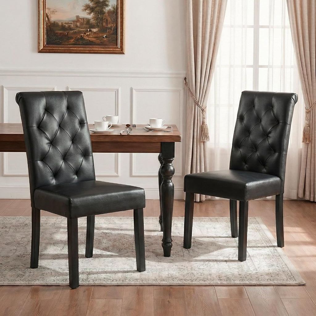 LSSBOUGHT Upholstered Dining Chairs Set of 6,Tufted Parsons Kitchen Chair with Solid Wood Legs, Modern PU Leather Side Chair for Dining Room/Restaurant(6pcs,Black)