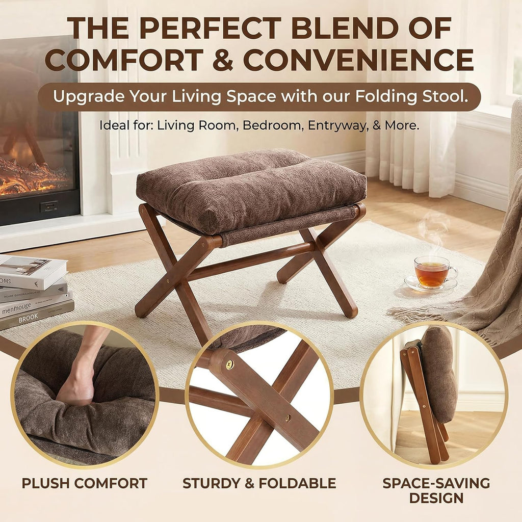 Baveke Ottoman Foot Rest- Bamboo Foldable Stool, Foot Stools Small Ottman with Upholstered & X Legs, Folding Stool for Makeup, Bedroom and Living Room, FSC-Certified (Small Brown)
