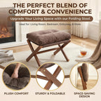 Baveke Ottoman Foot Rest- Bamboo Foldable Stool, Foot Stools Small Ottman with Upholstered & X Legs, Folding Stool for Makeup, Bedroom and Living Room, FSC-Certified (Small Brown)