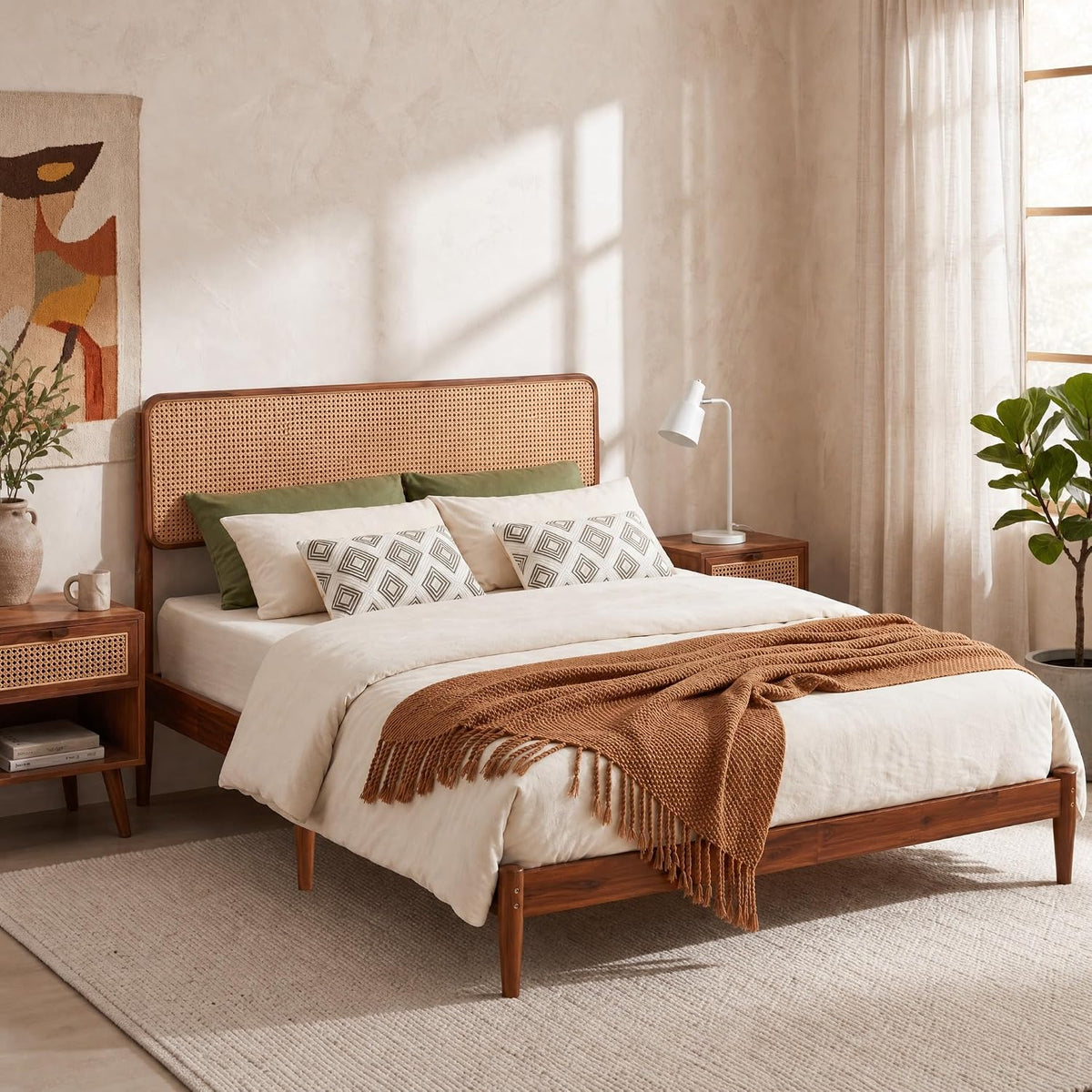 KOMFOTT Queen Size Bed Frame, Wood Platform Bed with PE Rattan Headboard
