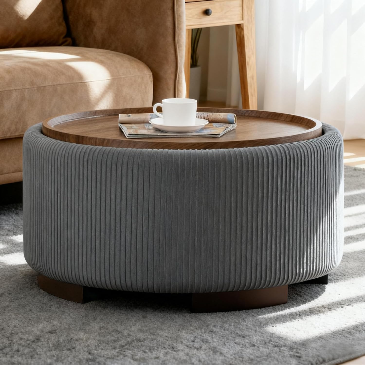 29.5 Inch Round Storage Ottoman Coffee Table, Grey Velvet | Modern Circle Coffee Table With Storage With Removable Lid Top and Solid Wood Legs, Round Ottoman for Bedroom, Living Room