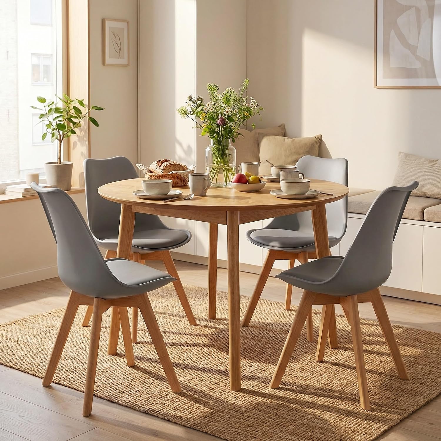 Dining Chairs Set of 4, PU Leather Kitchen Chairs,Wood Legs (Gray, 4 PC) | Mid-Century Modern, Upholstered Dining Room Chairs ,Padded Seat,Tulip Chair,Cushion, for Living room, Bedroom ,Dining Room