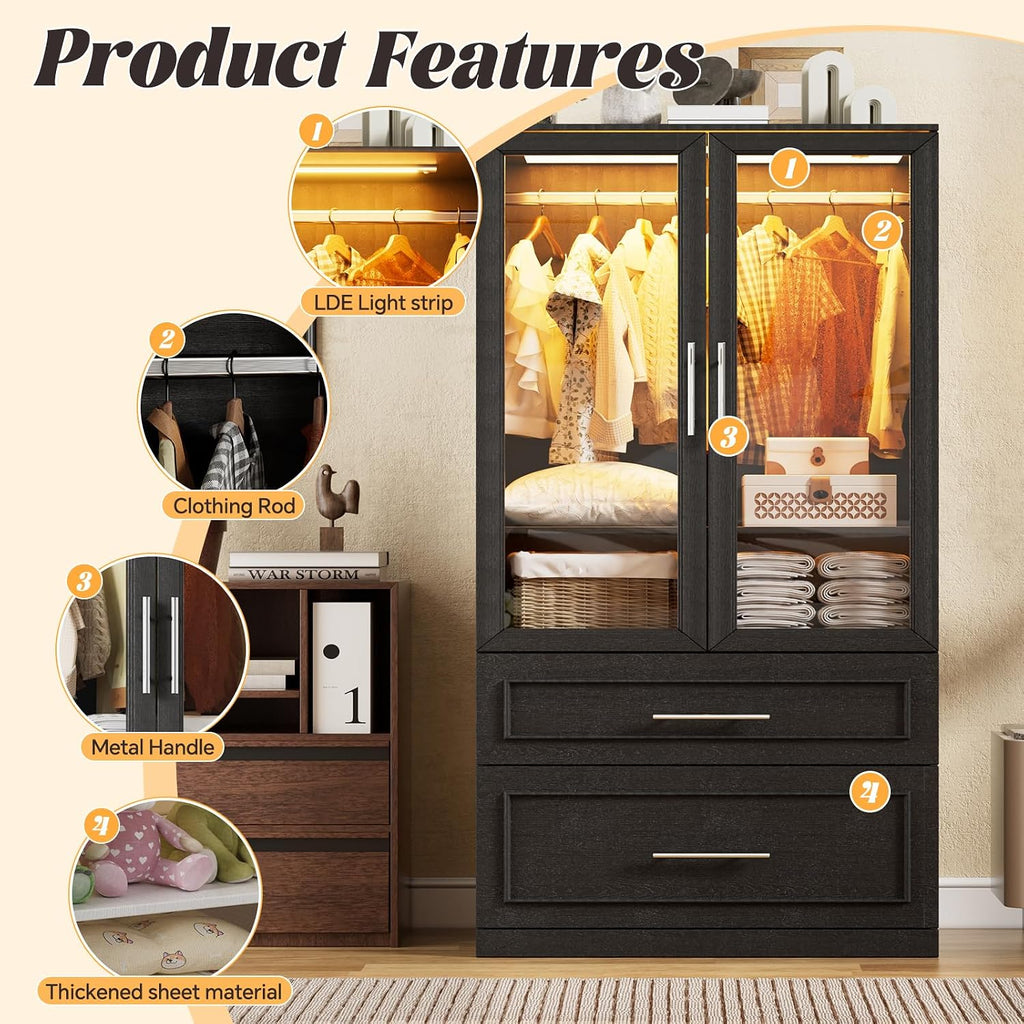 PAKASEPT Armoire Wardrobe Closet with Glass Door and Drawers, Bedroom Closet Wardrobe Cabinet with Hanging Rod, Lighted Freestanding Armoire Storage Cabinet for Bedroom Cloakroom