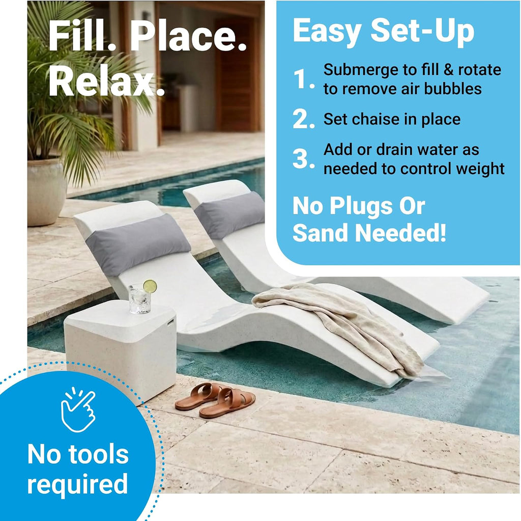 Aqua Outdoors Pool Lounge Chairs, 2 Chaises, Table, 9-in Water Depth | Pool Chairs For In Pool, Pool Chaise Lounge Chairs, 2 Headrest Pillows, Sun Shelf, Pool Lounger