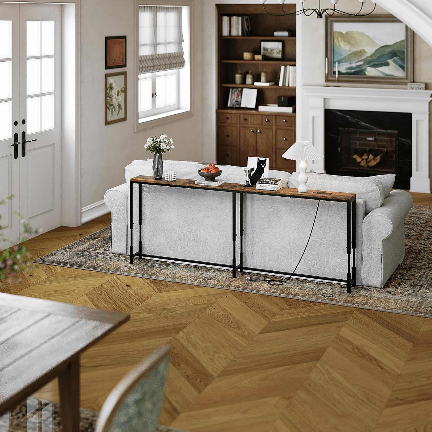 86.6" Behind Couch Table Adjustable Height 23.8~34.8" with Charging Station, 5.9" Narrow Console Table Skinny, Anti-Collision Pads, Anti-Tipping Kit for Living Room