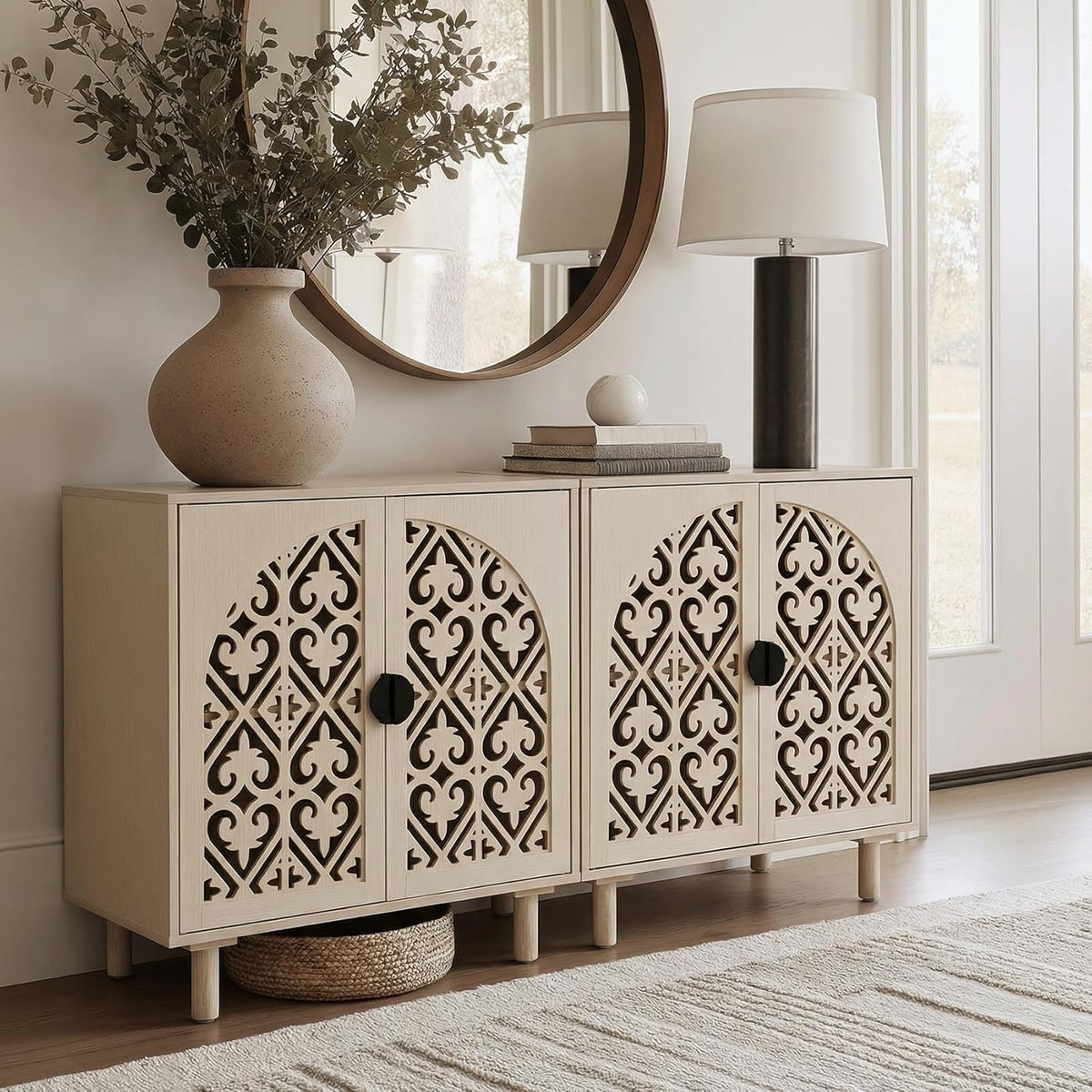Decorative Storage Cabinet Sideboard with Hollow Carved Panels, 2 Doors, Natural Wood, 29.8 x 31.6 x 15.8 Inches. [Beige, 1pc]