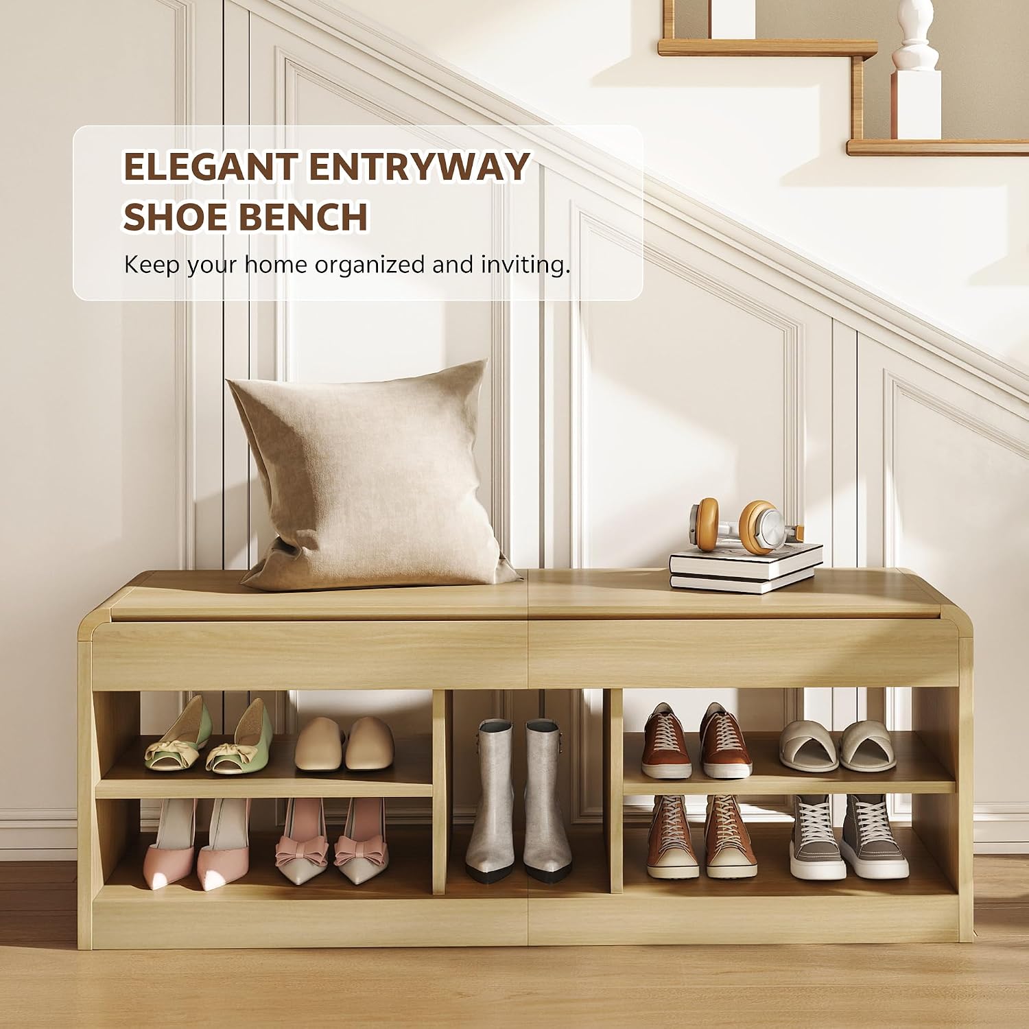 Shoe Storage Bench, 47.2in Entryway Bench with Flip-Open Storage Box, 2 Tier Shoe Rack Organizer with Shelf, Entryway Cabinet for Hallway Living Room Bedroom, Natural