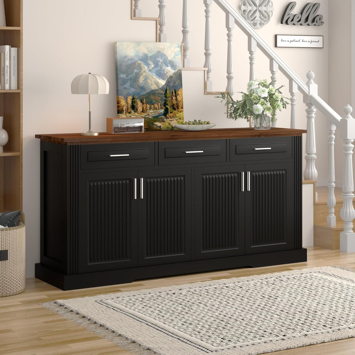 KEIKI 63" Fluted Sideboard Buffet Cabinet with Storage – 4 Doors, 3 Drawers, Adjustable Shelves, Kitchen Buffet, Cabinet for Dishes, Kitchen Console Cabinet, Black