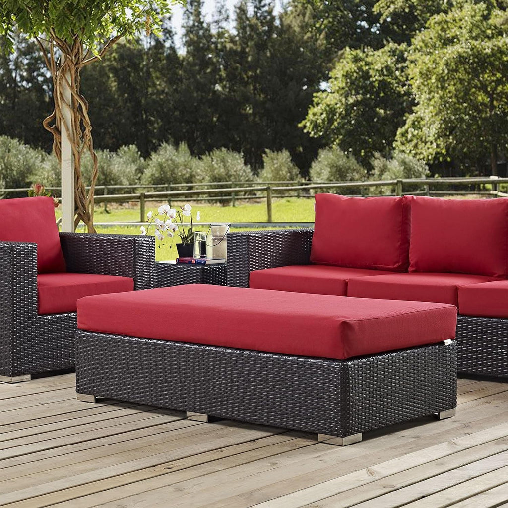 BOWERY HILL Rectangle Fabric Rattan Patio Ottoman, Espresso Finish with Red Cushions, Water and UV Resistant, Adjustable Height, Outdoor Patio Furniture for Backyard or Poolside Use