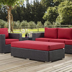 BOWERY HILL Rectangle Fabric Rattan Patio Ottoman, Espresso Finish with Red Cushions, Water and UV Resistant, Adjustable Height, Outdoor Patio Furniture for Backyard or Poolside Use
