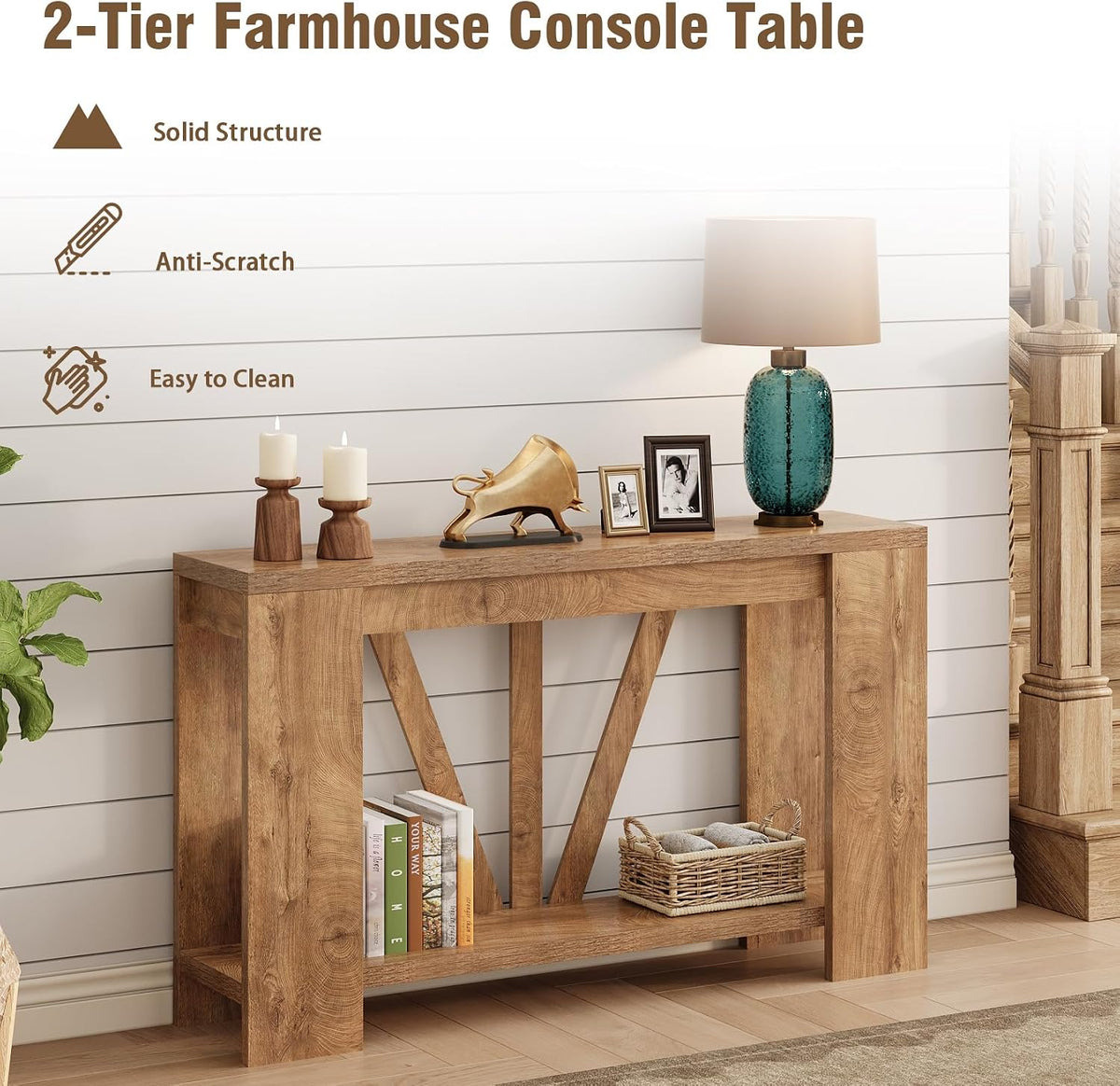 Tohomeor Console Table for Entryway, 47 Inches Narrow Sofa Table Behind The Couch, Farmhouse Wood Entry Table with Storage Shelves for Hallway Foyer Living Room, Rustic Wood Grain