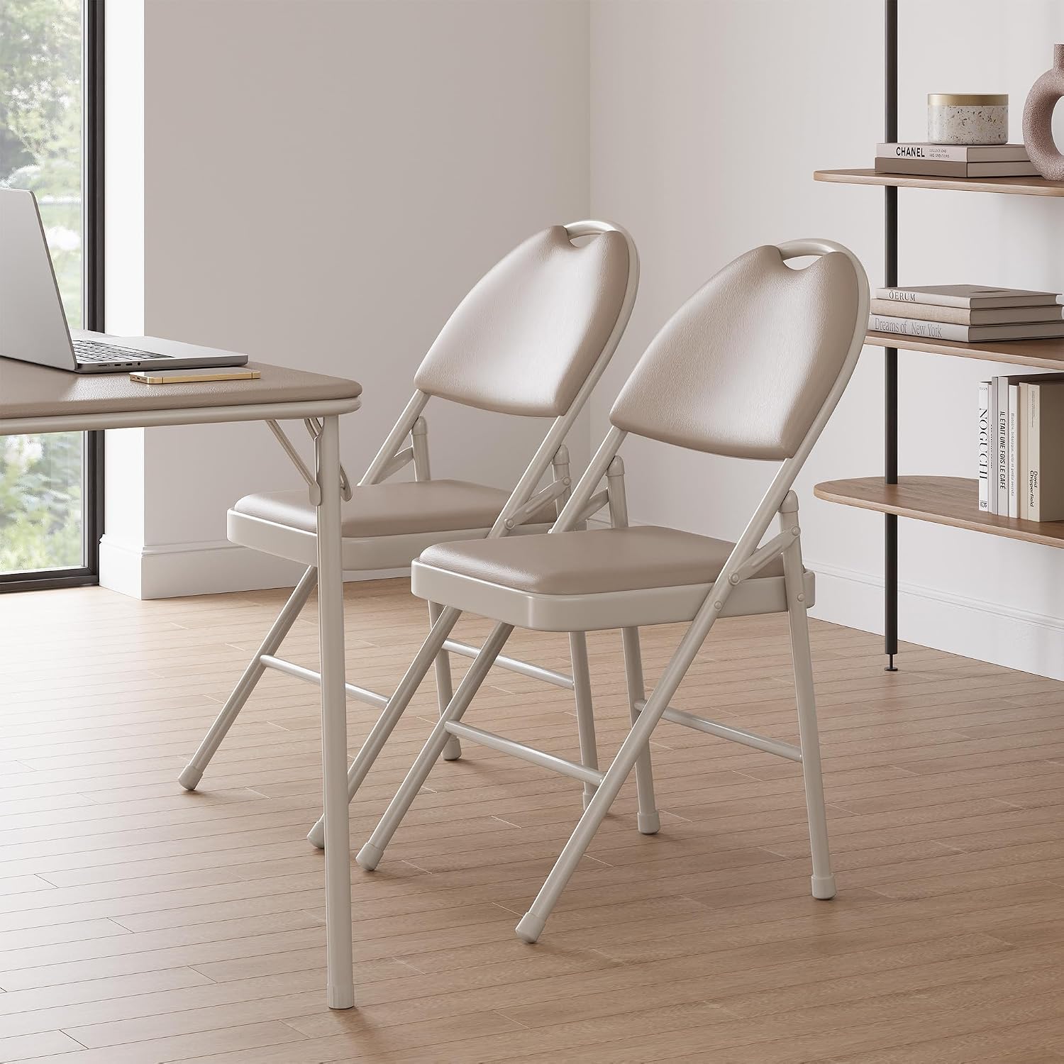 IDEALHOUSE 4 Pack Folding Chairs with PU Leather Padded Cushion, 350lbs Capacity, Lightweight Ergonomic Design, Metal Frame, Indoor Outdoor Portable Stackable Seats for Home Office Party Events, Beige