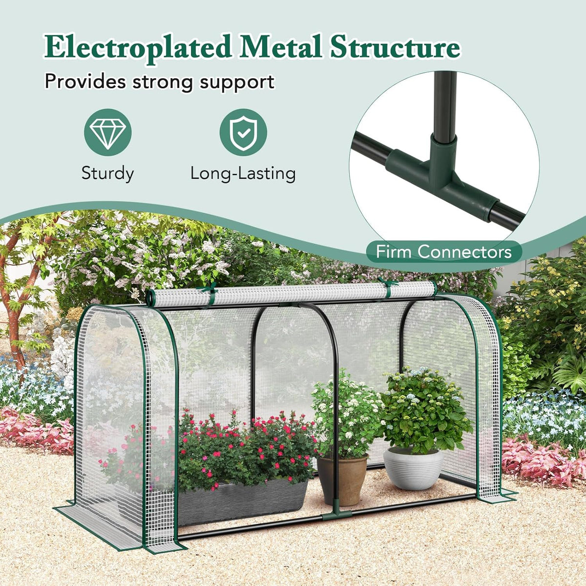 Mini Greenhouse, 47" x 22" x 24" Portable Greenhouse with Roll-Up Door, Ground Stakes, Metal Frame, Waterproof & Sun-Protective PE Cover, Small Green House for Outdoors & Indoors (White)