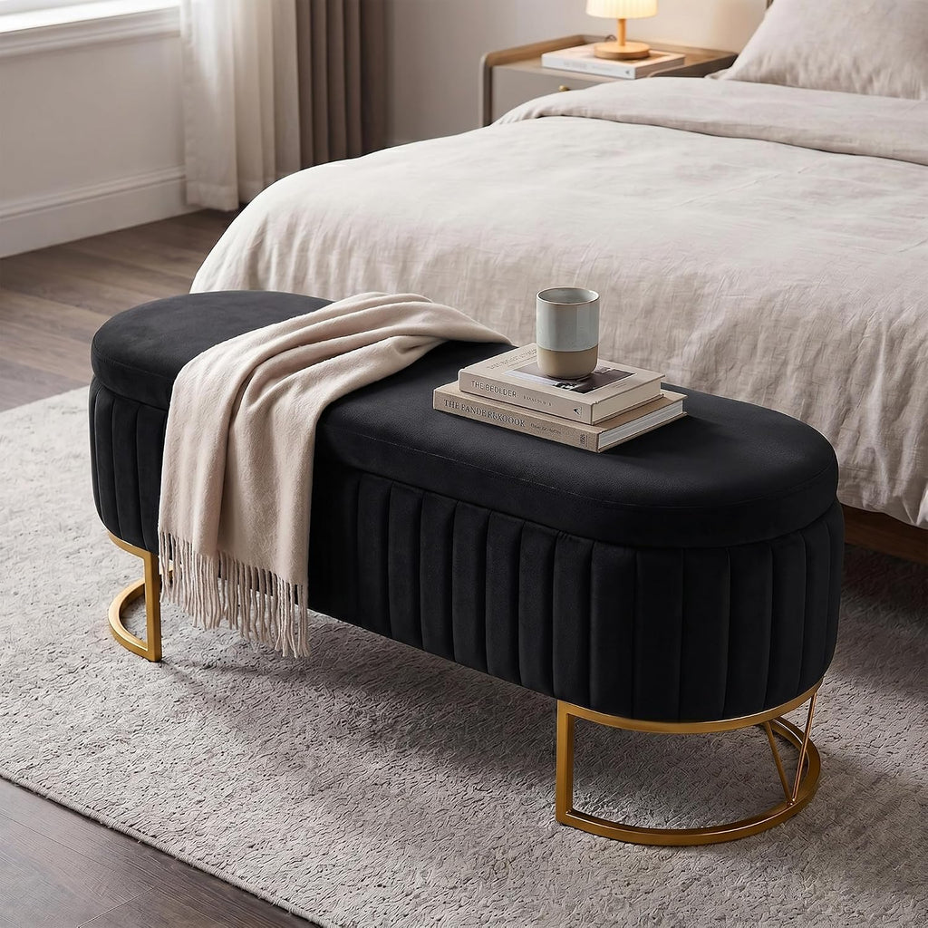 Storage Bench Bedroom Bench, Velvet Oval Upholstered End of Bed Bench with Golden Metal Legs, 46” Modern Storage Ottoman Bench for Bedroom, Living Room, Entryway, Window, Black