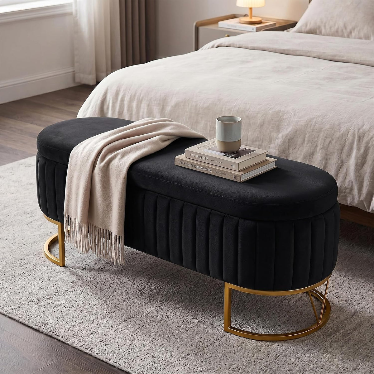 Storage Bench Bedroom Bench, Velvet Oval Upholstered End of Bed Bench with Golden Metal Legs, 46” Modern Storage Ottoman Bench for Bedroom, Living Room, Entryway, Window, Black