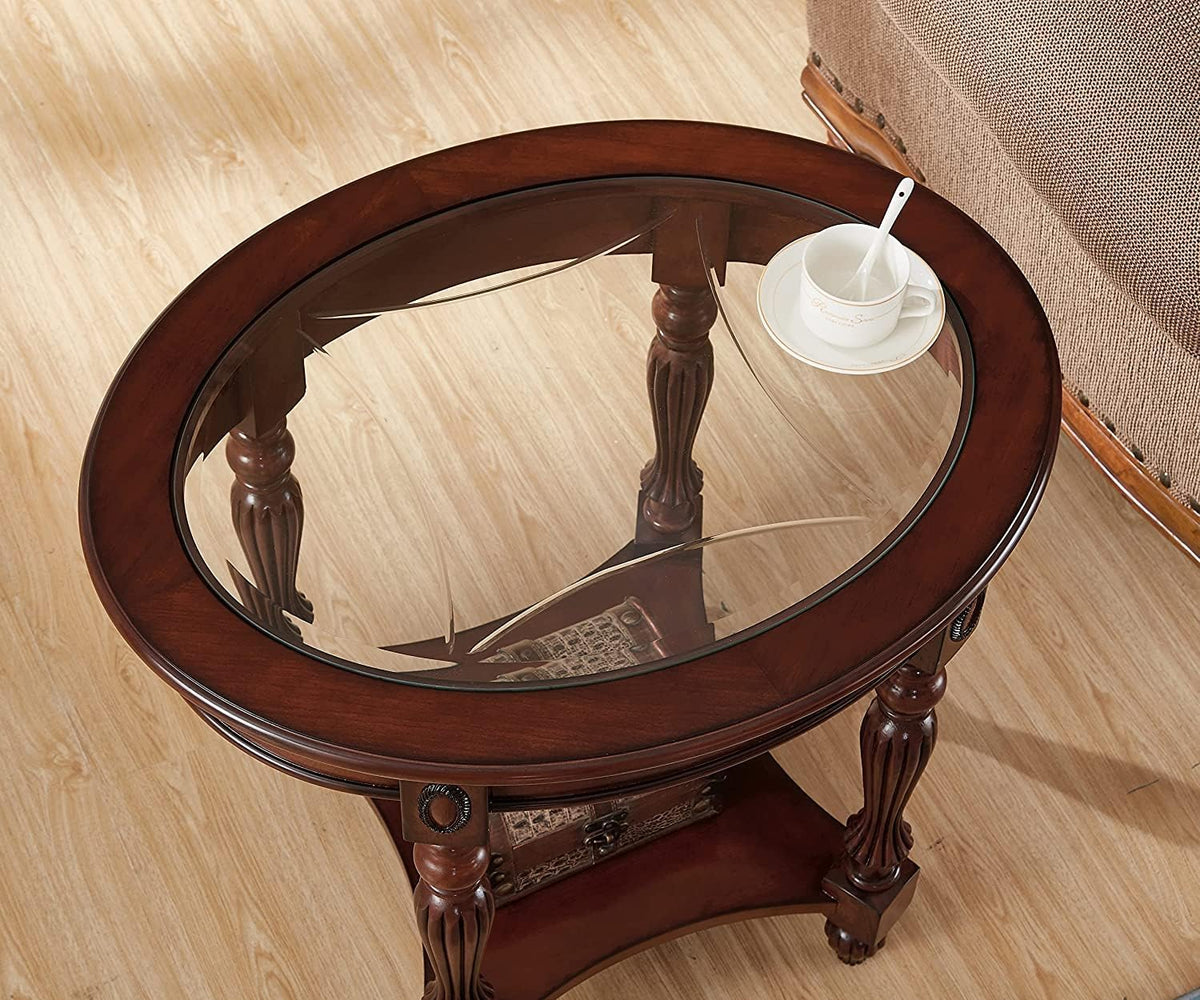 Vintage Solid Wood Oval End Table with Tempered Glass Top, 28"x24" Side Table with Carved Edge, Cherry Walnut Finish for Living Room