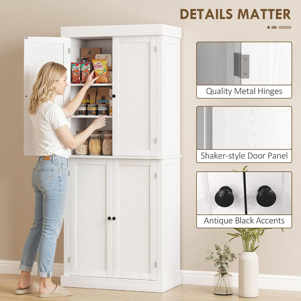 HOMCOM 72.5" Tall Kitchen Pantry Cabinet, Freestanding Modern Farmhouse Kitchen Storage Cabinet with 4 Doors and 2 Adjustable Shelves for Dining Room, White Wood Grain