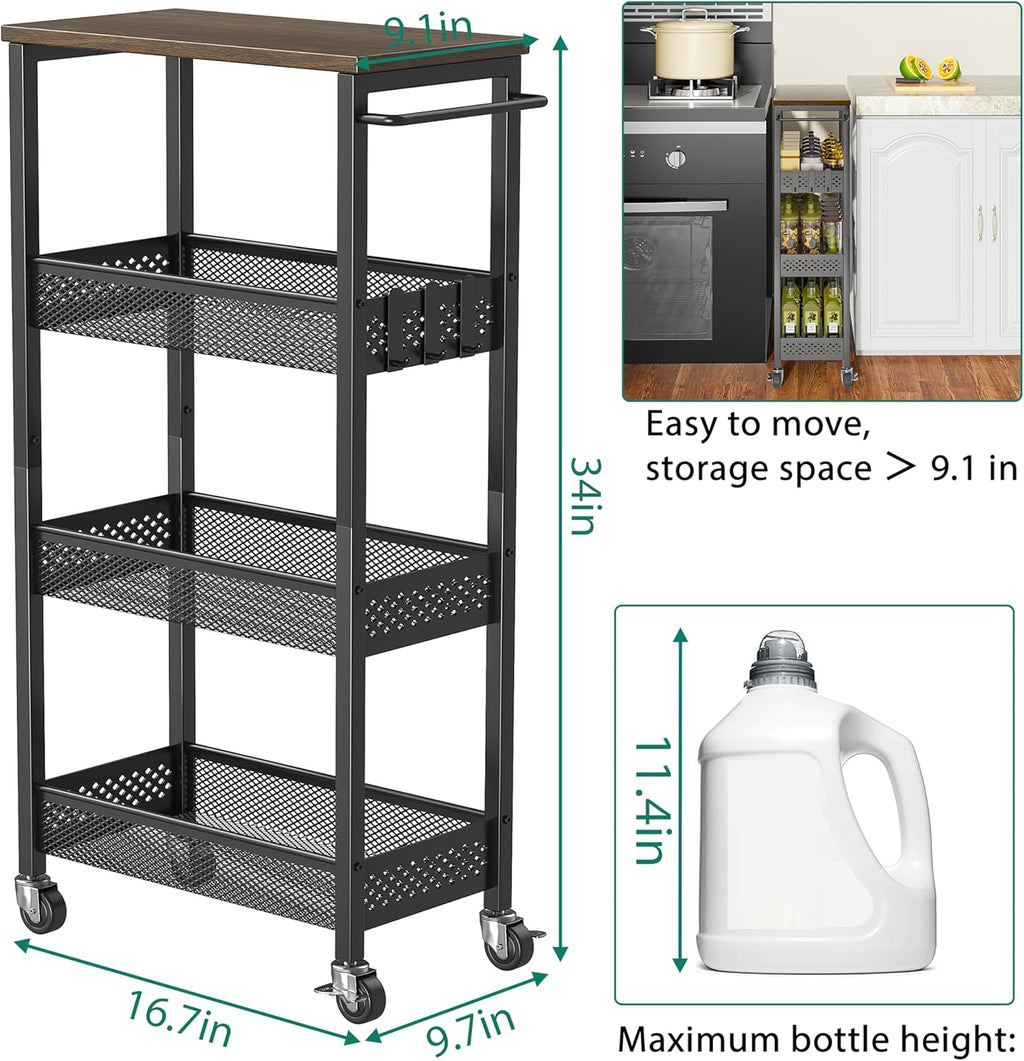 XYZLVSI Slim Rolling Storage Cart, 4 Tier Small Bathroom Cart Organizer | 9.1" W narrow storage cabinet with wooden top and metal handle, ideal for kitchen/dorm, between washer and dryer storage