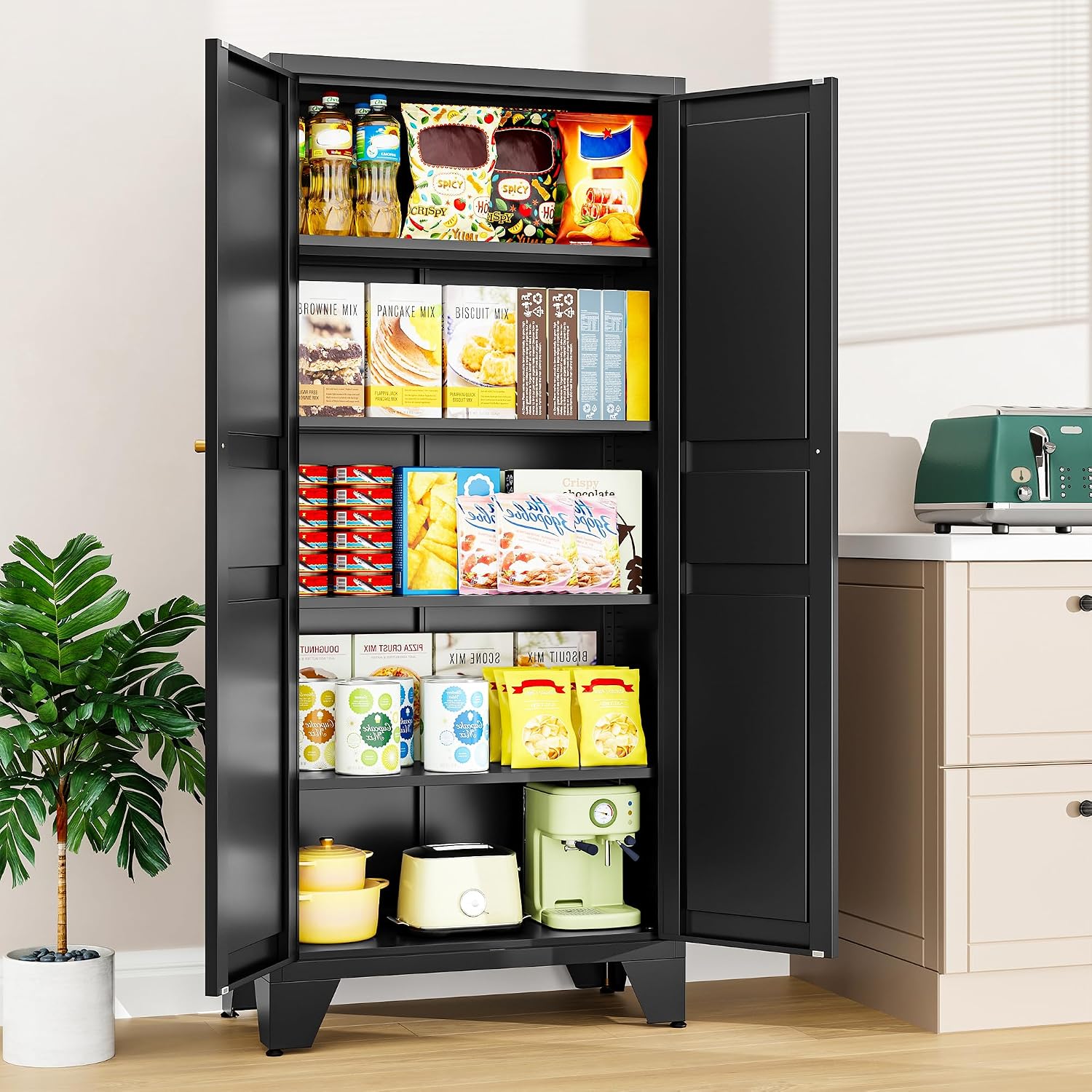 SISESOL Metal Storage Cabinet with Doors and Shelves,Black Storage Cabinet with Leg,Metal Pantry Cabinets,Ventilated Pantry Closet,Tall Large Cupboard for Home,Kitchen,Dining/Living/Laundry Room