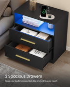 VASAGLE CUSTOS Collection Nightstand with Charging Station, 23.6 Inch | LED Lights, Modern Night Stand, Side End Table with Drawers, Open Shelf, 2 AC Outlets USB Ports, Ink Black ULET639BC01S