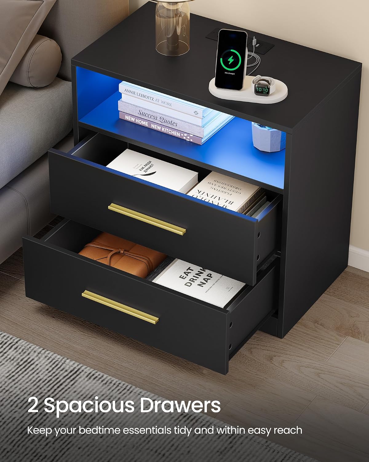 VASAGLE CUSTOS Collection Nightstand with Charging Station, 23.6 Inch | LED Lights, Modern Night Stand, Side End Table with Drawers, Open Shelf, 2 AC Outlets USB Ports, Ink Black ULET639BC01S
