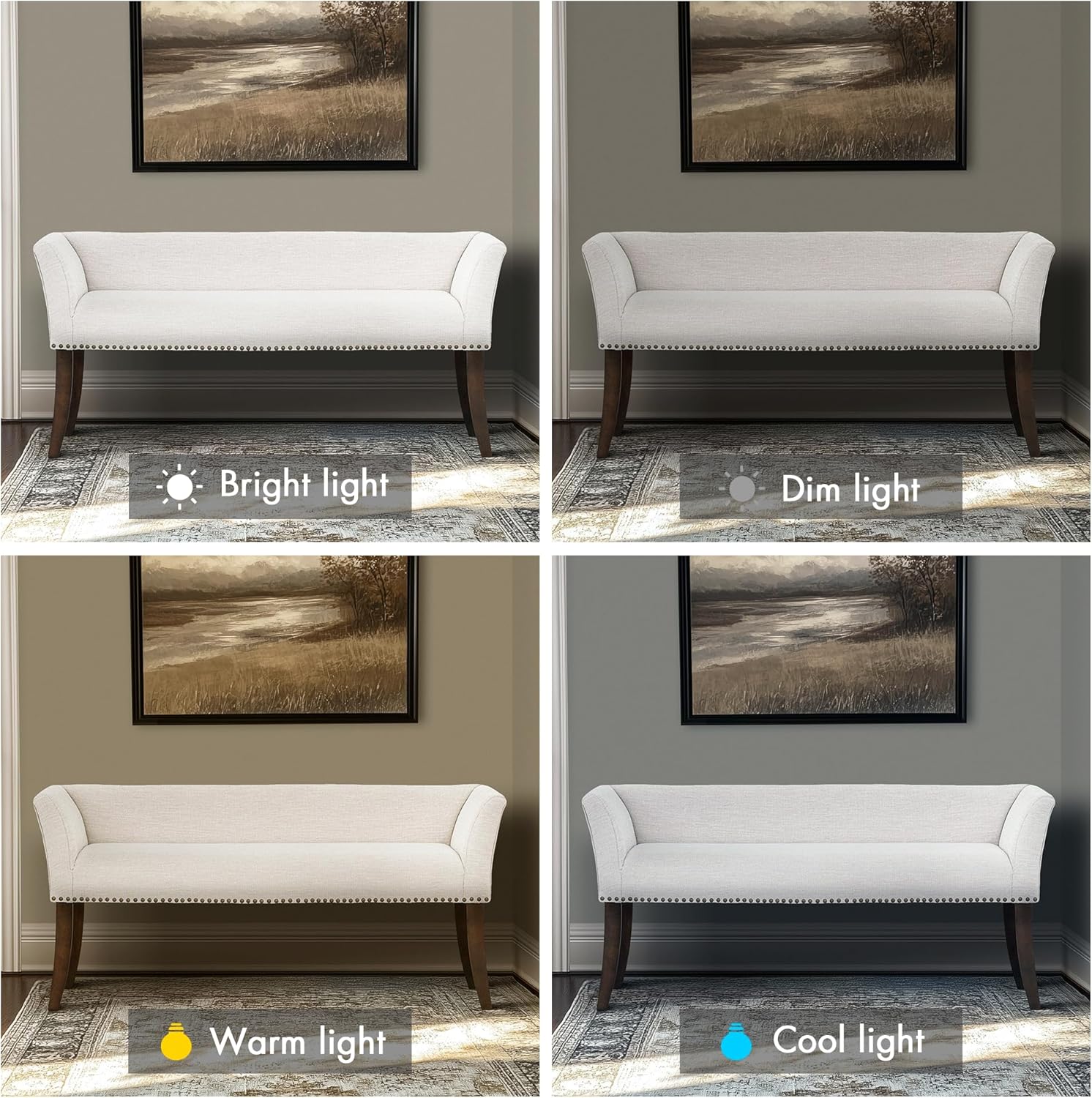 Madison Park Accent Bench for Living Room, Upholstered with Nailhead Trim, & Padded Seat Entryway Bench Small, End of Bed Bench with Back, 49.5" W x 19.25" D x 23" H, White Cream