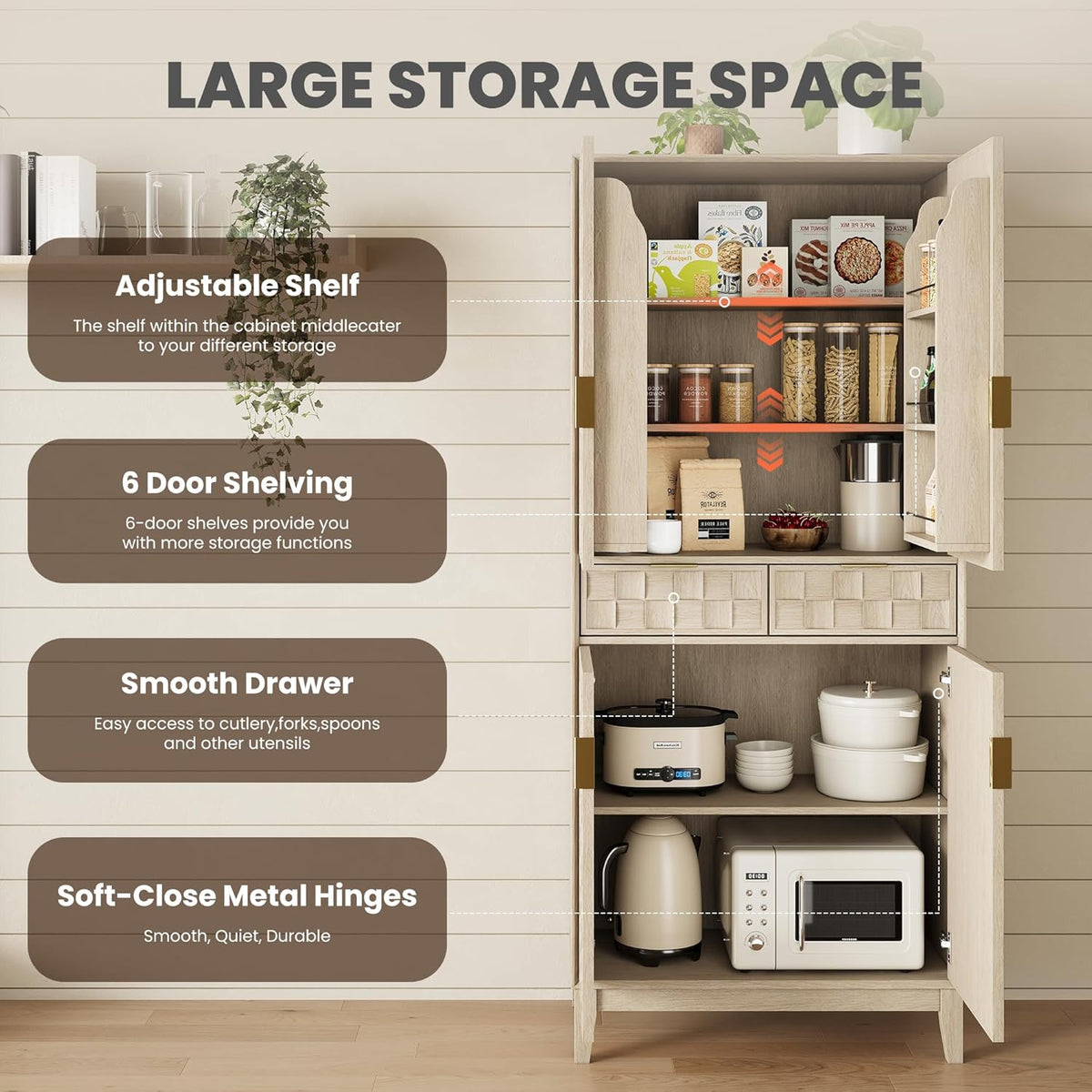 Pantry Cabinet, 71" Tall Pantry Cabinet,Modern Kitchen Cabinet with Doors, Drawers & Adjustable Shelves, Freestanding Food Pantry Cupboard with Side Rack for Kitchen Dining Room,Oak