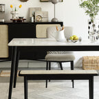 GDFStudio 47.24" Solid Oak Wood Dining Bench with Handwoven Rattan Seat, Modern Mid-Century Entryway Bench, End of Bed Bench for Bedroom Living Room, Black