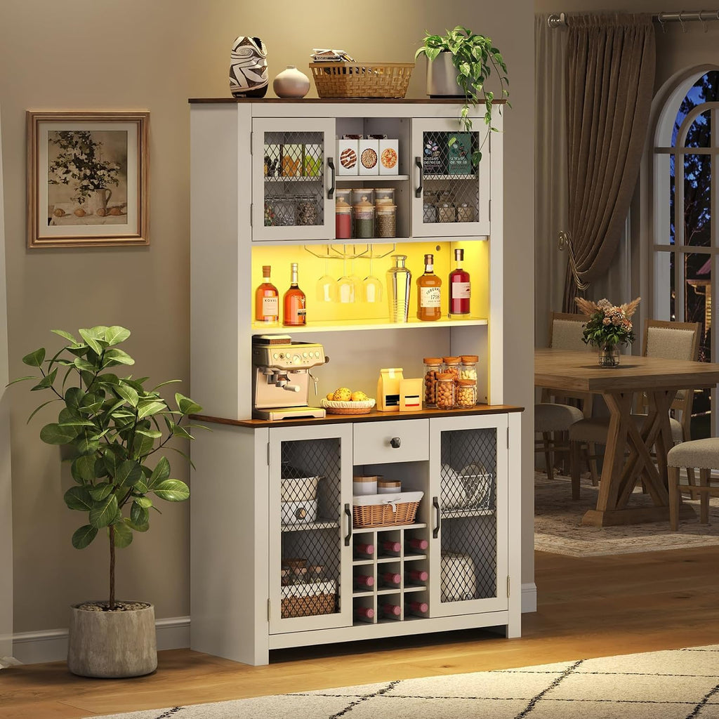 71" Tall Kitchen Pantry Cabinet with Charging Station 47" Wide Countertop Kitchen Hutch Cabinets with LED Light, Large Pantry Storage Cabinet with Shelves and Wine Rack, White